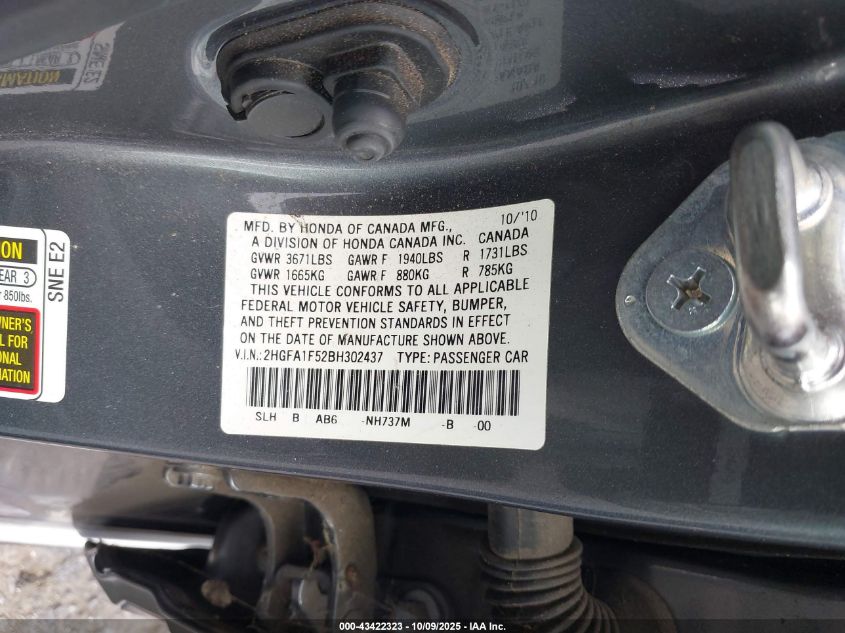 2011 Honda Civic Lx VIN: 2HGFA1F52BH302437 Lot: 43422323