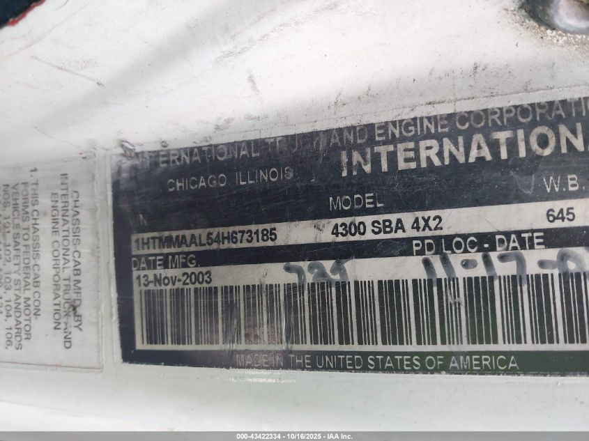2004 International 4000 4300 VIN: 1HTMMAAL54H673185 Lot: 43422334
