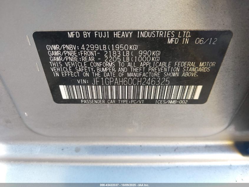 2012 Subaru Impreza 2.0I Limited VIN: JF1GPAH60CH246325 Lot: 43422337