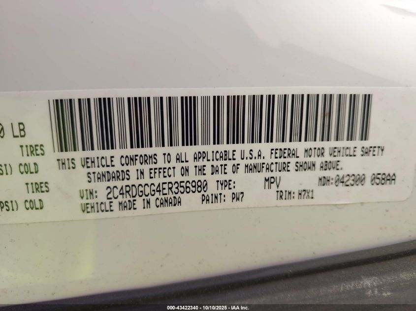 2014 Dodge Grand Caravan Sxt VIN: 2C4RDGCG4ER356980 Lot: 43422340