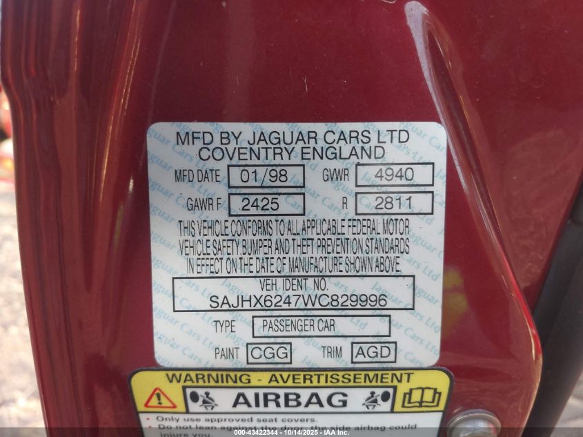 1998 Jaguar Xj8 L VIN: SAJHX6247WC829996 Lot: 43422344