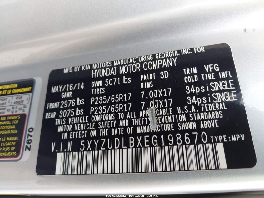 2014 Hyundai Santa Fe Sport VIN: 5XYZUDLBXEG198670 Lot: 43422353