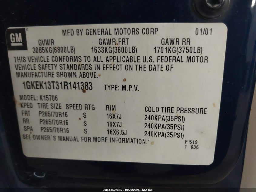 2001 GMC Yukon Slt VIN: 1GKEK13T31R141383 Lot: 43422355