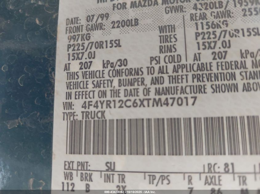1999 Mazda B2500 Se/Sx/Tl VIN: 4F4YR12C6XTM47017 Lot: 43422362