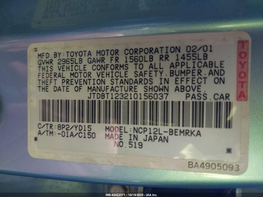 2001 Toyota Echo VIN: JTDBT123210156037 Lot: 43422371