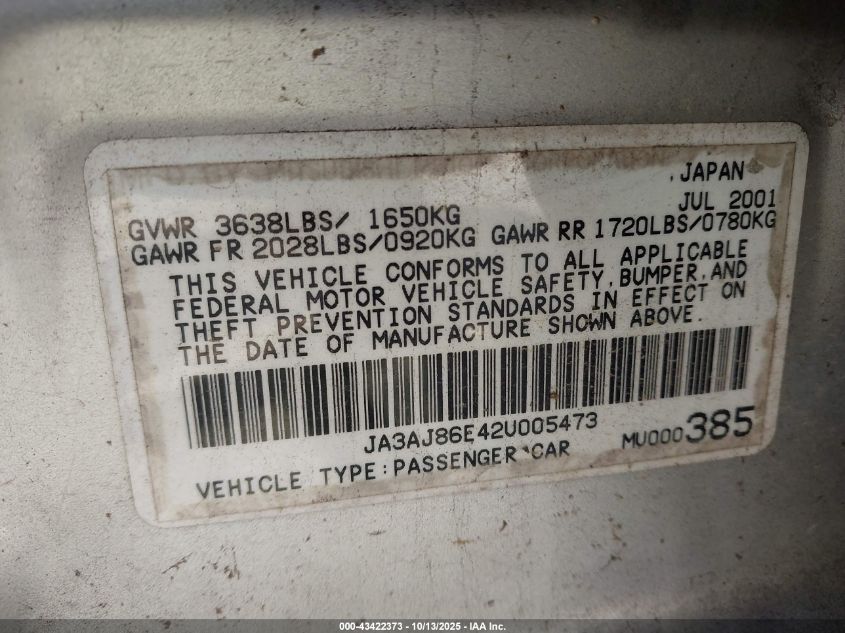 2002 Mitsubishi Lancer Oz Rally VIN: JA3AJ86E42U005473 Lot: 43422373
