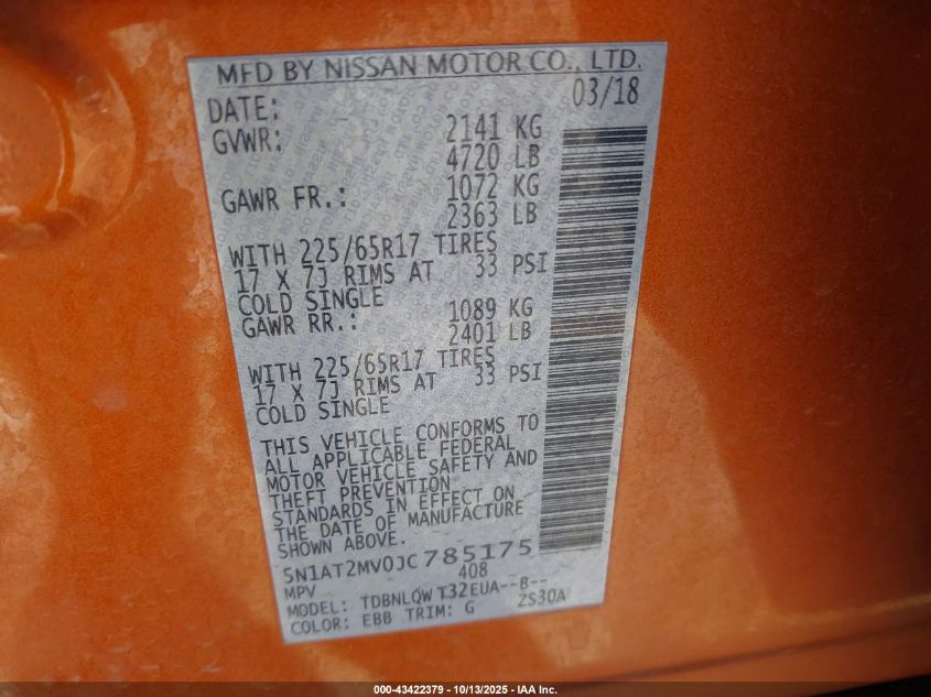 2018 Nissan Rogue Sv VIN: 5N1AT2MV0JC785175 Lot: 43422379