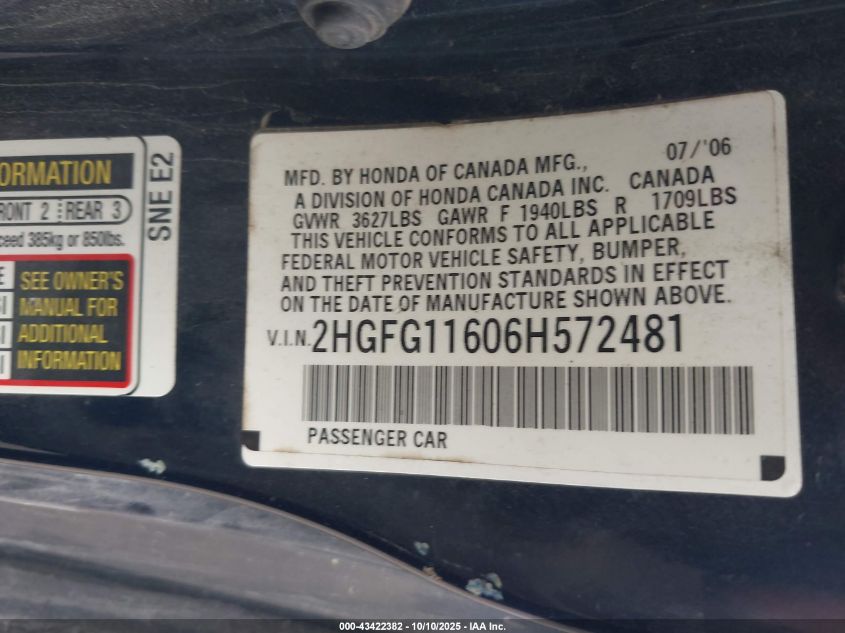 2006 Honda Civic Lx VIN: 2HGFG11606H572481 Lot: 43422382