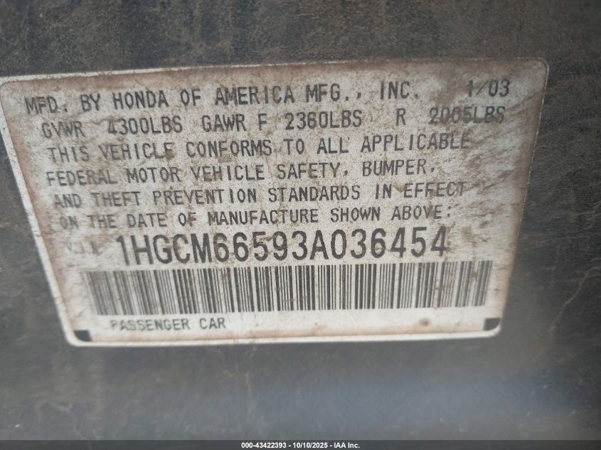 2003 Honda Accord 3.0 Ex VIN: 1HGCM66593A036454 Lot: 43422393