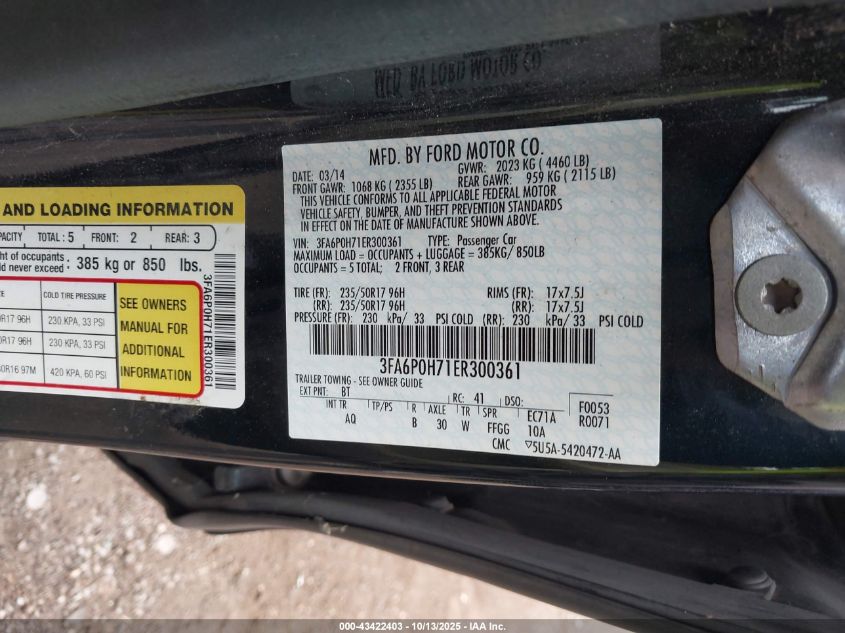 2014 Ford Fusion Se VIN: 3FA6P0H71ER300361 Lot: 43422403