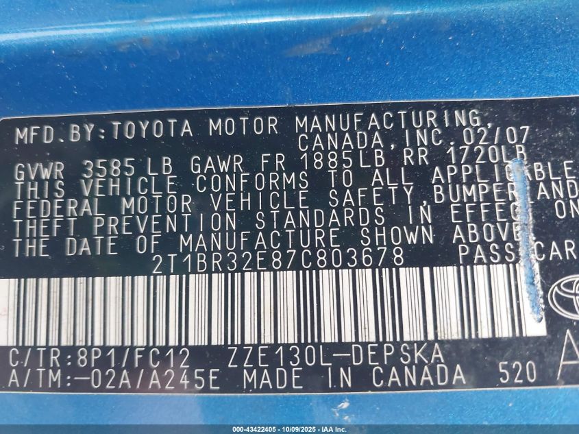 2007 Toyota Corolla S VIN: 2T1BR32E87C803678 Lot: 43422405