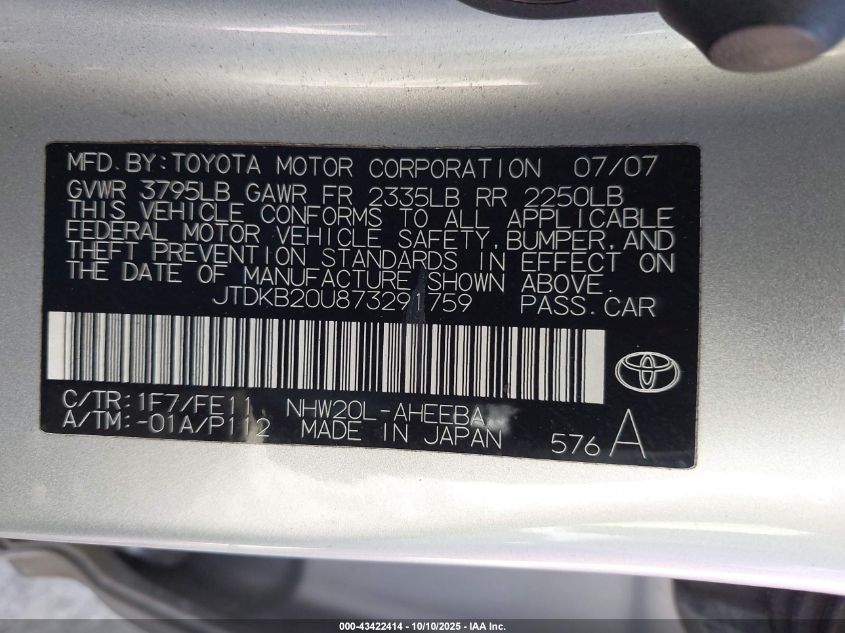 2007 Toyota Prius VIN: JTDKB20U873291759 Lot: 43422414