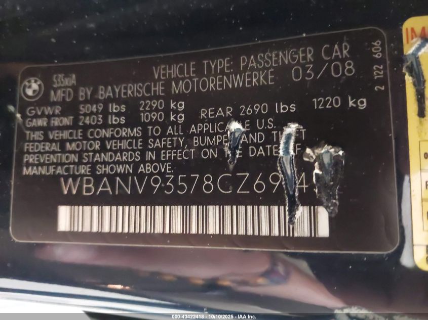 2008 BMW 535Xi VIN: WBANV93578CZ69143 Lot: 43422418