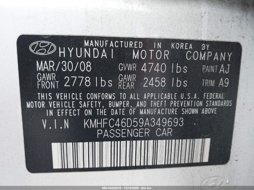2009 Hyundai Azera Gls VIN: KMHFC46D59A349693 Lot: 43422419
