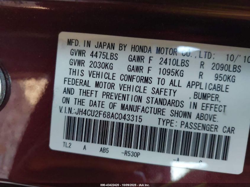 2010 Acura Tsx 2.4 VIN: JH4CU2F68AC043315 Lot: 43422420