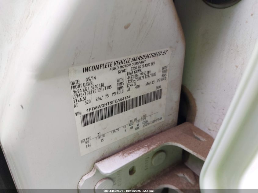 2015 Ford F-350 Chassis Xl VIN: 1FD8W3HT5FEA54144 Lot: 43422421