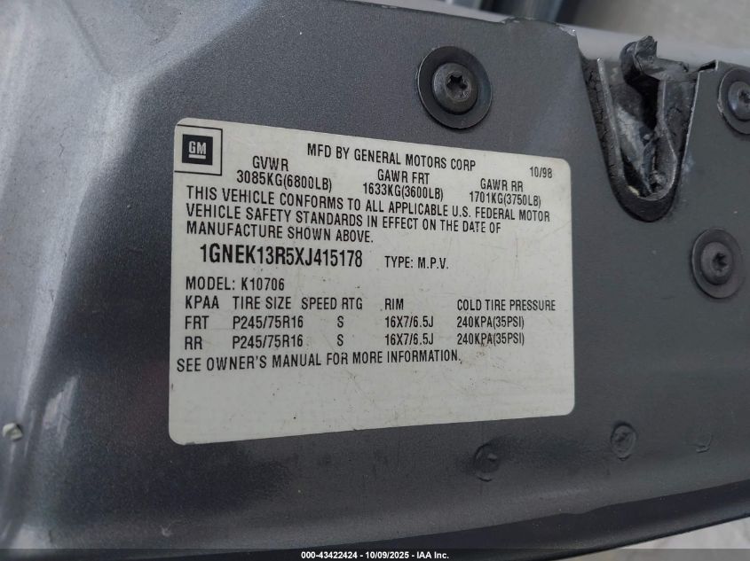 1999 Chevrolet Tahoe Ls VIN: 1GNEK13R5XJ415178 Lot: 43422424
