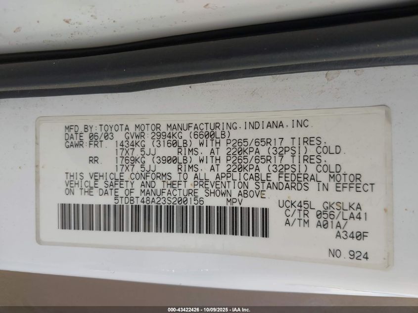 2003 Toyota Sequoia Limited V8 VIN: 5TDBT48A23S200156 Lot: 43422426