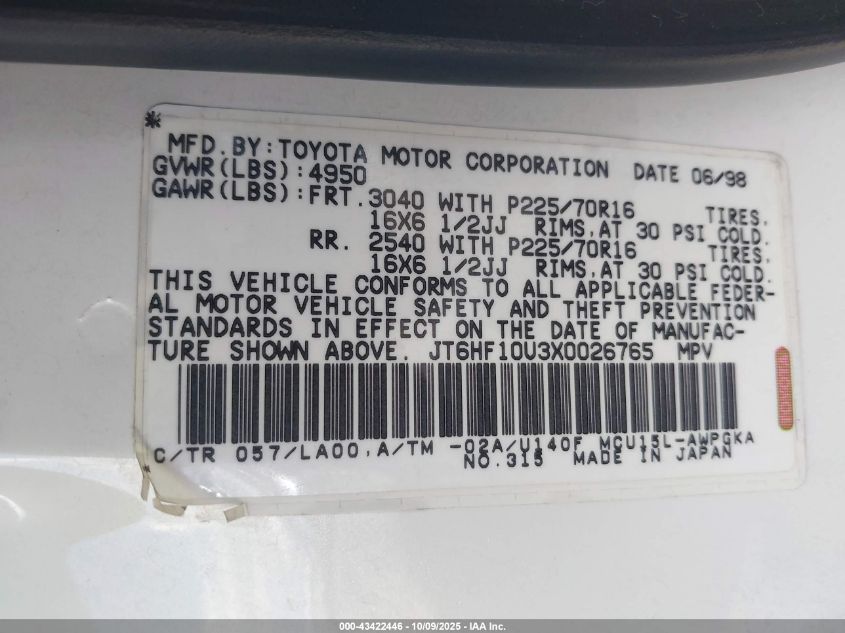 1999 Lexus Rx 300 VIN: JT6HF10U3X0026765 Lot: 43422446