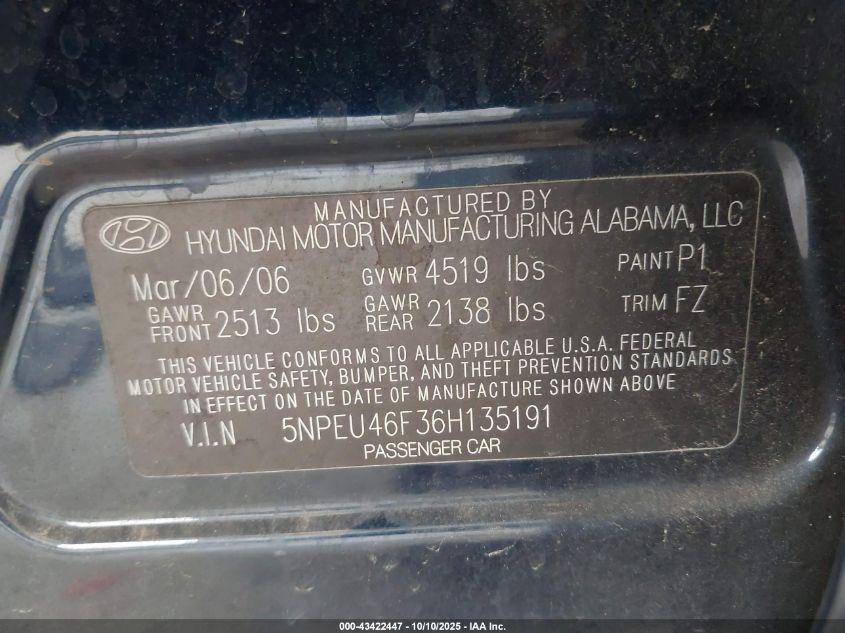 2006 Hyundai Sonata Gls V6/Lx V6 VIN: 5NPEU46F36H135191 Lot: 43422447