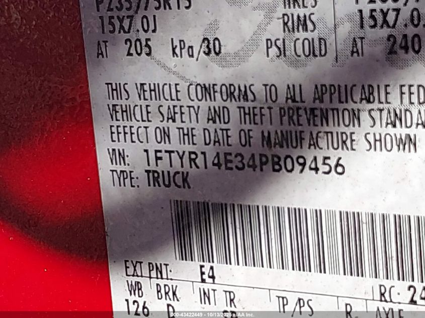 2004 Ford Ranger Edge VIN: 1FTYR14E34PB09456 Lot: 43422449