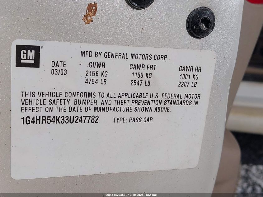 2003 Buick Lesabre Limited VIN: 1G4HR54K33U247782 Lot: 43422459