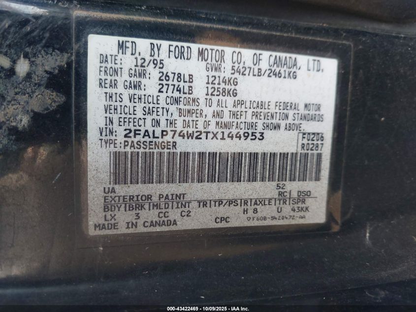 1996 Ford Crown Victoria Lx VIN: 2FALP74W2TX144953 Lot: 43422469