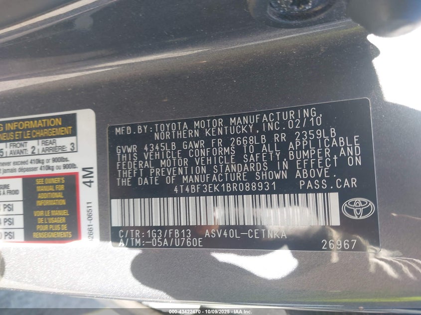 2011 Toyota Camry Le VIN: 4T4BF3EK1BR088931 Lot: 43422470