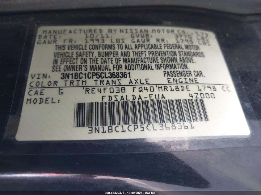 2012 Nissan Versa 1.8 S VIN: 3N1BC1CP5CL368361 Lot: 43422476