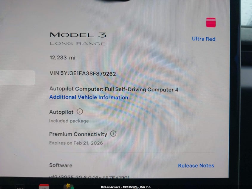 2025 Tesla Model 3 Long Range Rear-Wheel Drive VIN: 5YJ3E1EA3SF879262 Lot: 43422479