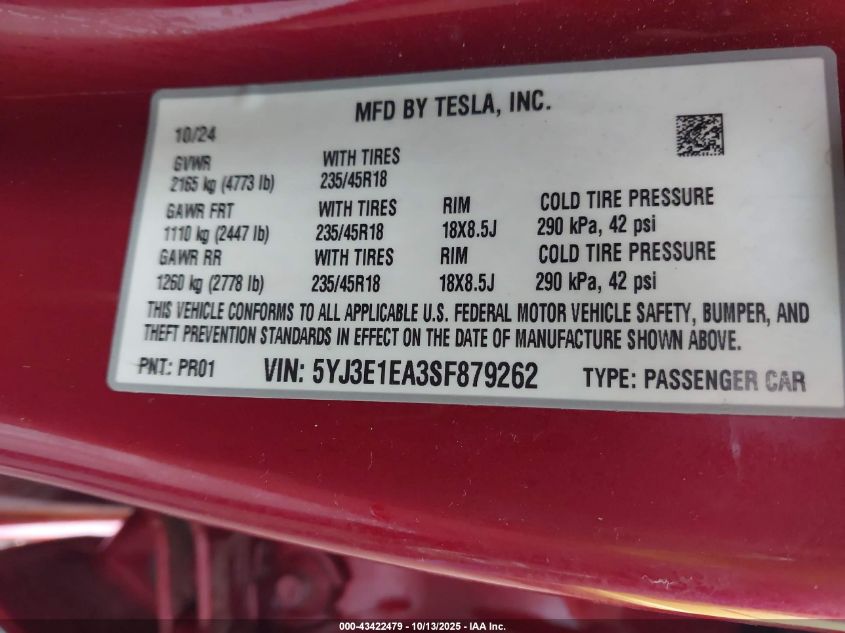 2025 Tesla Model 3 Long Range Rear-Wheel Drive VIN: 5YJ3E1EA3SF879262 Lot: 43422479