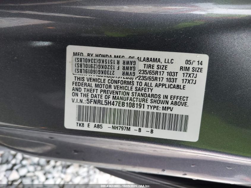 2014 Honda Odyssey Ex VIN: 5FNRL5H47EB108191 Lot: 43422483
