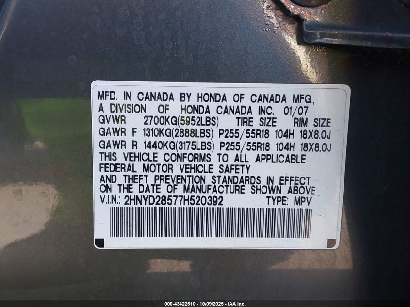 2007 Acura Mdx Sport Package VIN: 2HNYD28577H520392 Lot: 43422510