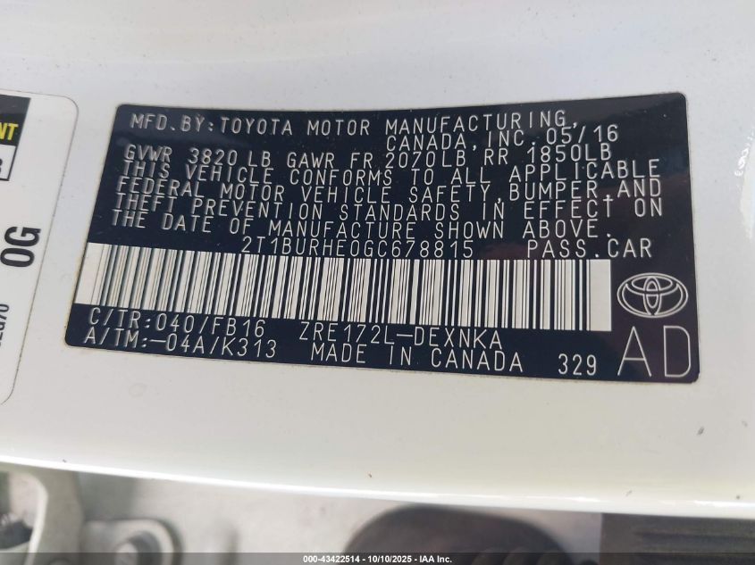 2016 Toyota Corolla Le VIN: 2T1BURHE0GC678815 Lot: 43422514