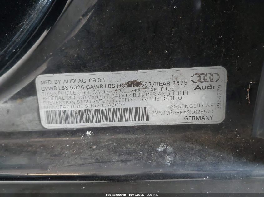 2009 Audi A4 3.2 Premium Plus VIN: WAUMK78KX9N028573 Lot: 43422519