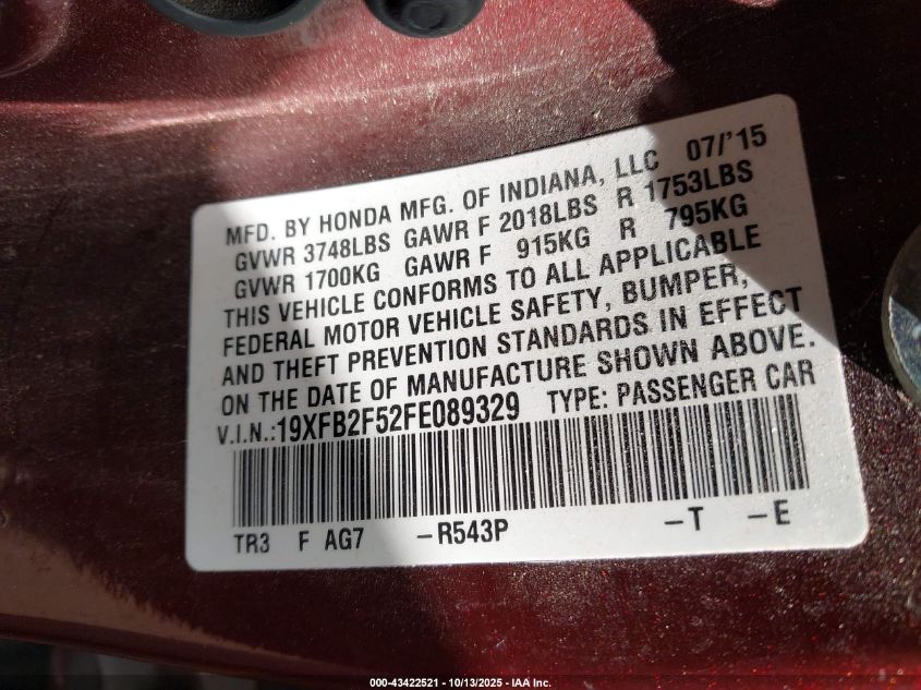 2015 Honda Civic Lx VIN: 19XFB2F52FE089329 Lot: 43422521