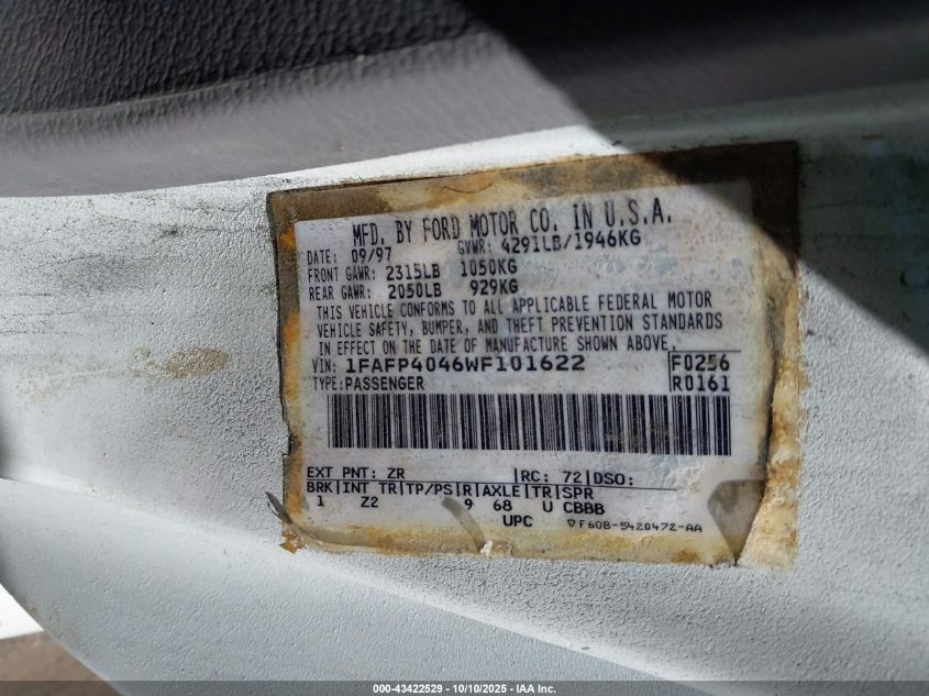 1998 Ford Mustang VIN: 1FAFP4046WF101622 Lot: 43422529