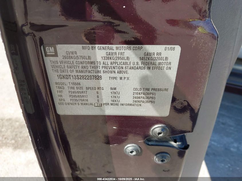 2008 GMC Envoy Sle VIN: 1GKDT13S282207828 Lot: 43422534