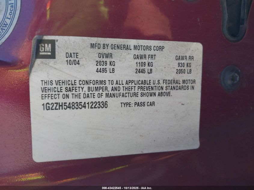 2005 Pontiac G6 Gt VIN: 1G2ZH548354122336 Lot: 43422545