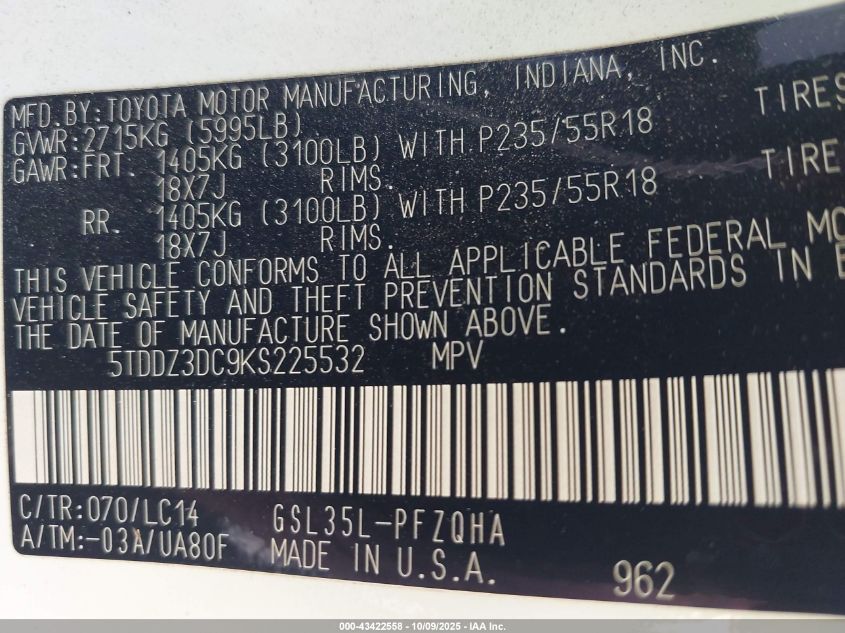 2019 Toyota Sienna Xle 7 Passenger VIN: 5TDDZ3DC9KS225532 Lot: 43422558