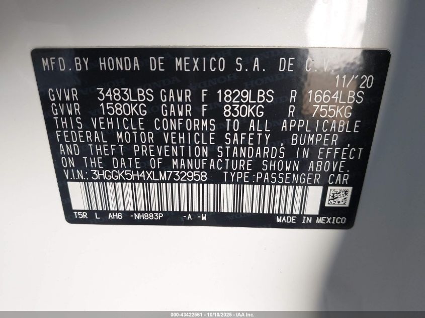 2020 Honda Fit Lx VIN: 3HGGK5H4XLM732958 Lot: 43422561