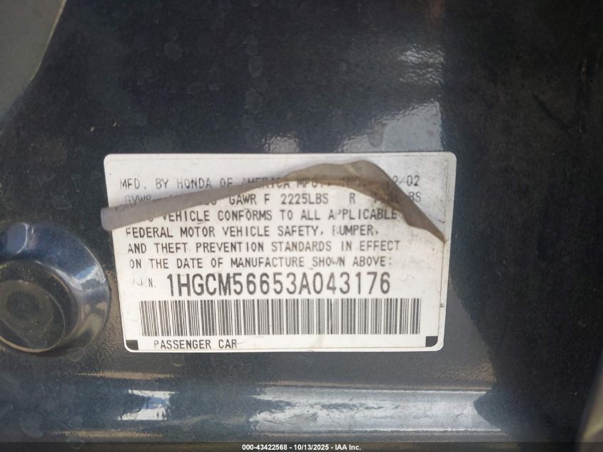 2003 Honda Accord 2.4 Ex VIN: 1HGCM56653A043176 Lot: 43422568