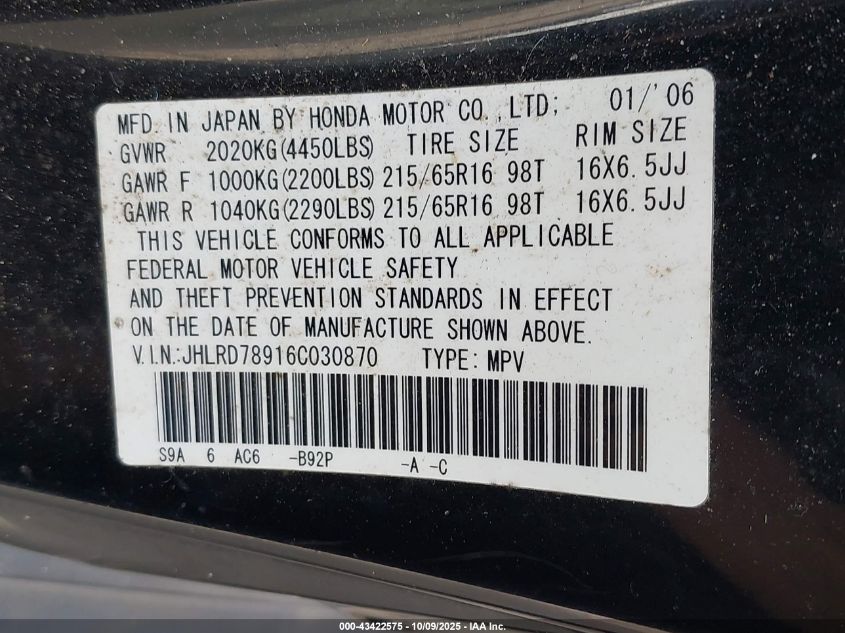 2006 Honda Cr-V Se VIN: JHLRD78916C030870 Lot: 43422575