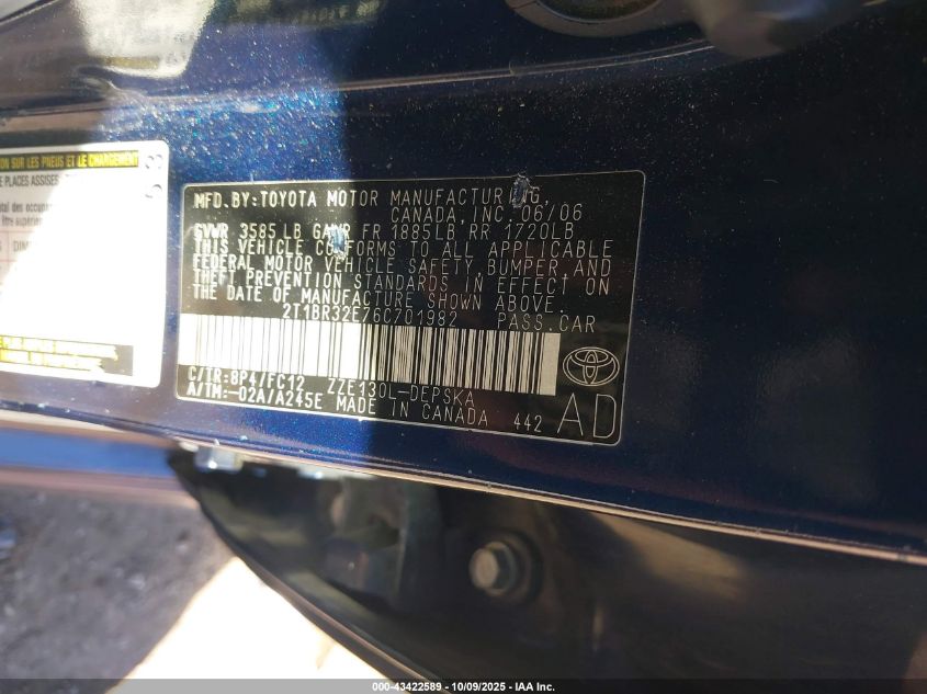 2006 Toyota Corolla S VIN: 2T1BR32E76C701982 Lot: 43422589