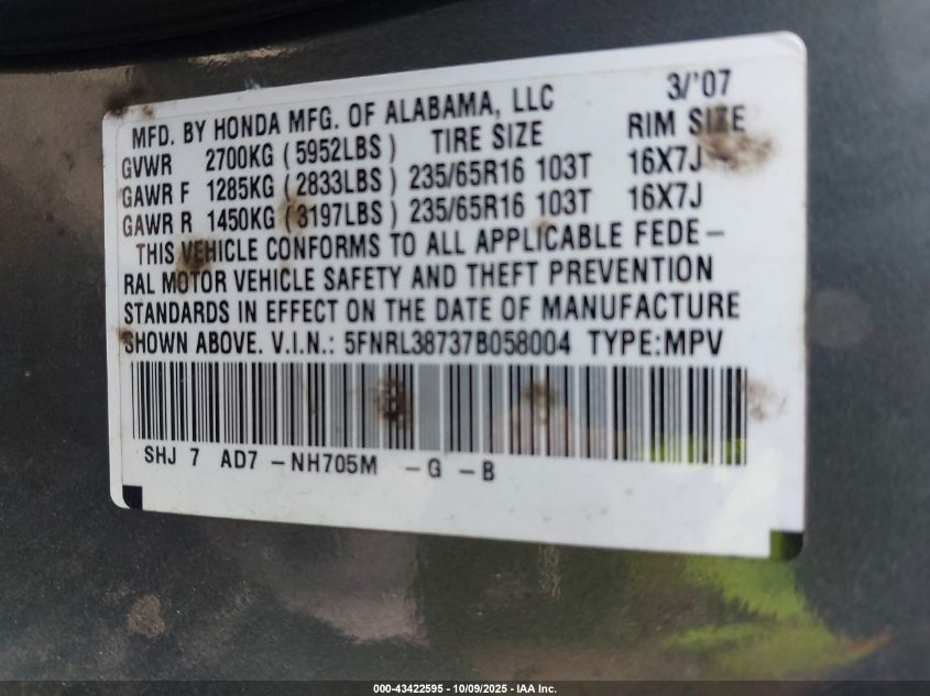 2007 Honda Odyssey Ex-L VIN: 5FNRL38737B058004 Lot: 43422595