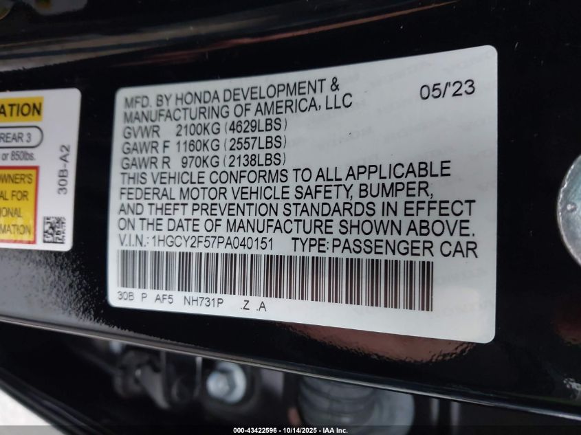 2023 Honda Accord Hybrid Sport VIN: 1HGCY2F57PA040151 Lot: 43422596