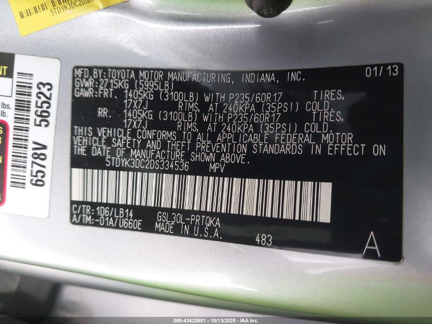 2013 Toyota Sienna Xle V6 8 Passenger VIN: 5TDYK3DC2DS334536 Lot: 43422601