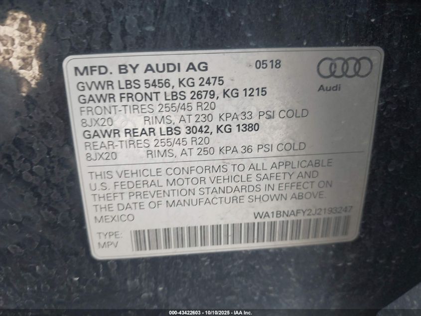 2018 Audi Q5 2.0T Premium/2.0T Tech Premium VIN: WA1BNAFY2J2193247 Lot: 43422603