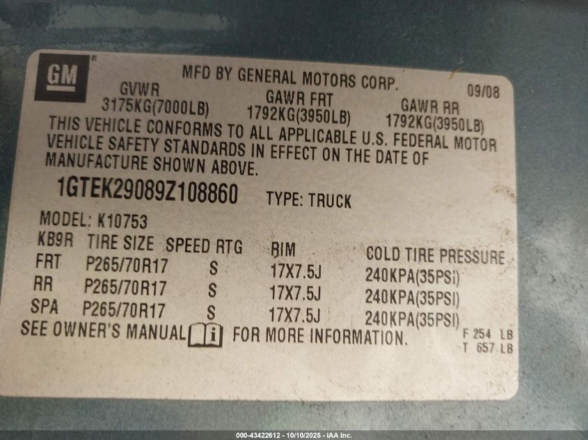 2009 GMC Sierra 1500 Sle VIN: 1GTEK29089Z108860 Lot: 43422612