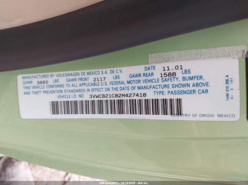 2002 Volkswagen New Beetle Gls VIN: 3VWCB21C82M427418 Lot: 43422617
